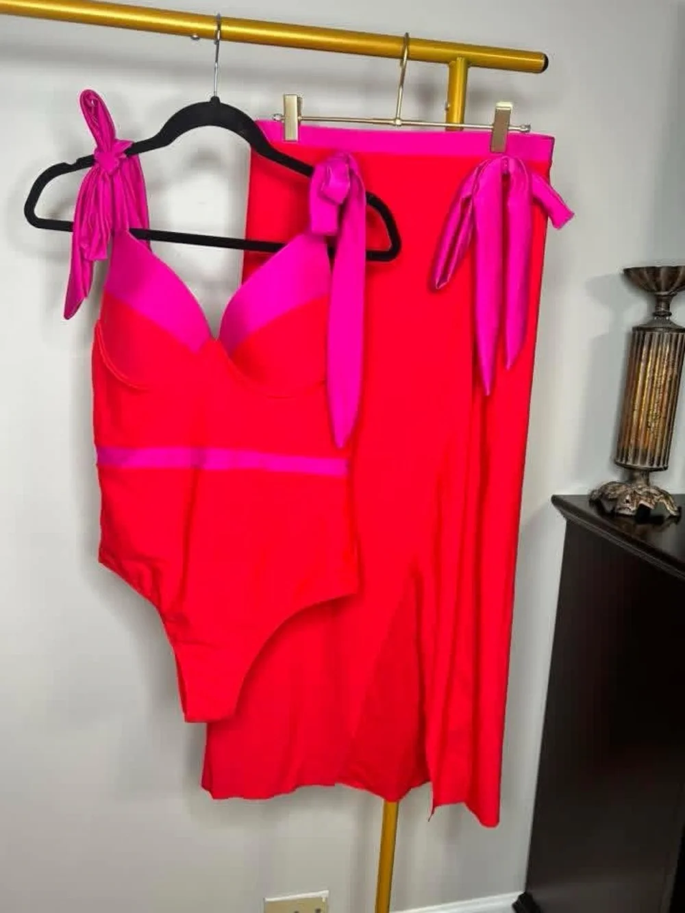 NEW Red & Fuchsia One-Piece Swimsuit with Bow Straps